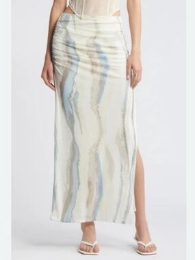 Ruched Side Slit Mesh Maxi Skirt In Ivory Seafoam Swirl